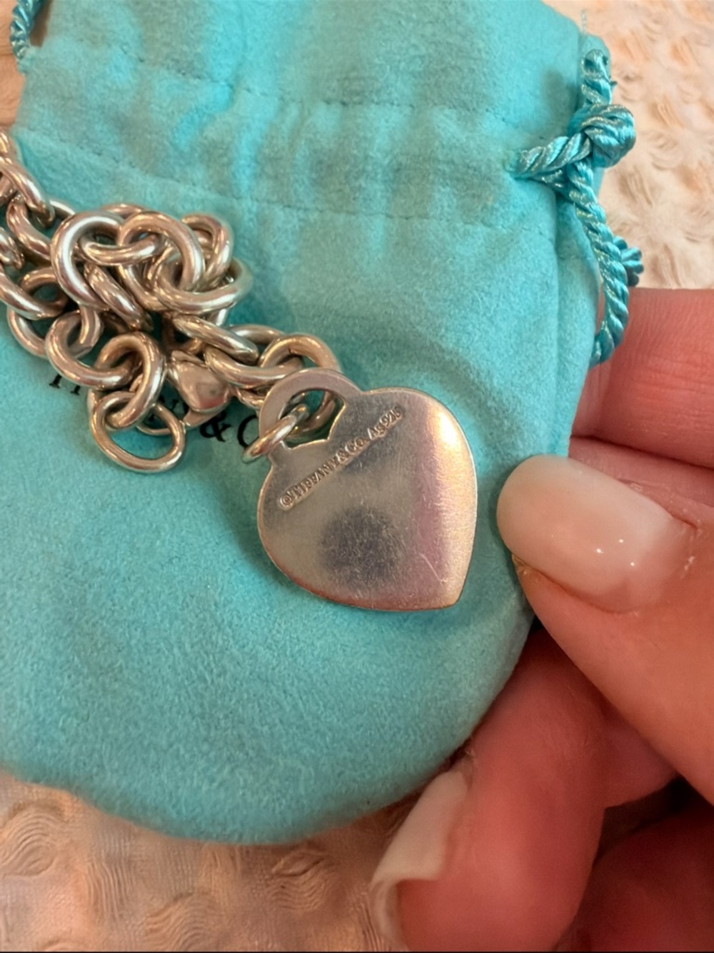 Tiffany & Co. Silver Heart Tag Charm Bracelet with Blue Pouch